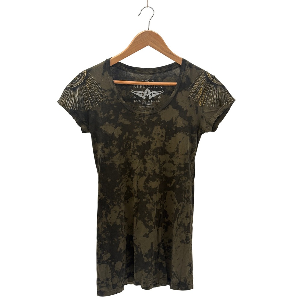 Affliction T Shirt Women Size Medium Militia Grunge Y2K Green Black Shortsleeve